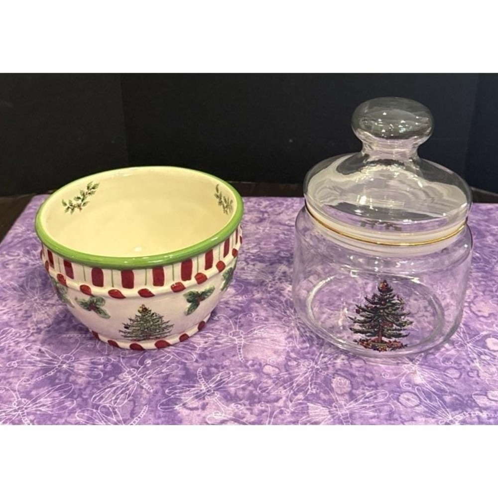Spode Jar Christmas Tree Glass Candy France And Peppermint Nut Bowl Vintage